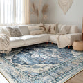 Blue Vintage Area Rug 8x10 - Washable Chenille Floral Accent