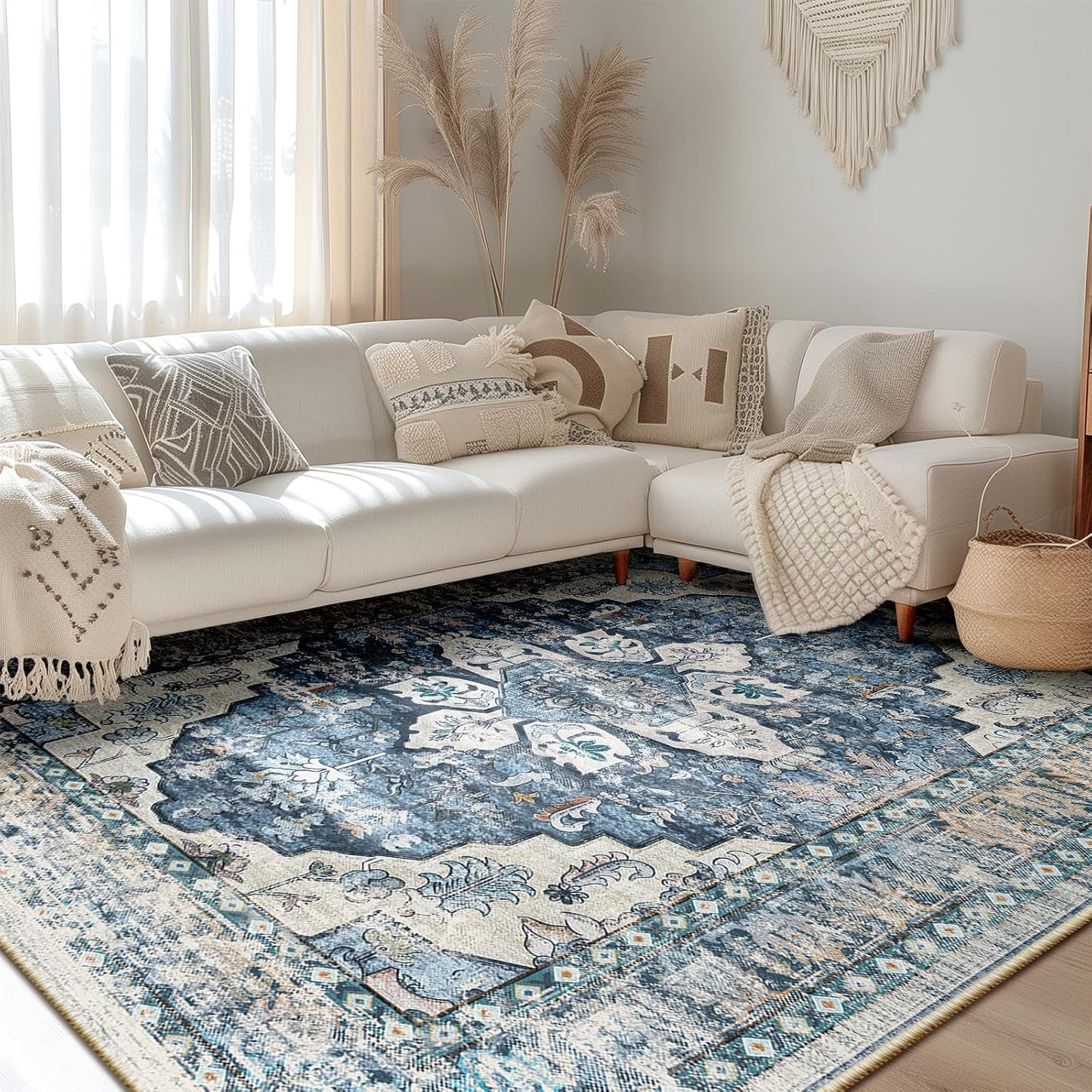 Blue Vintage Area Rug 8x10 Chenille Washable Floral Pattern