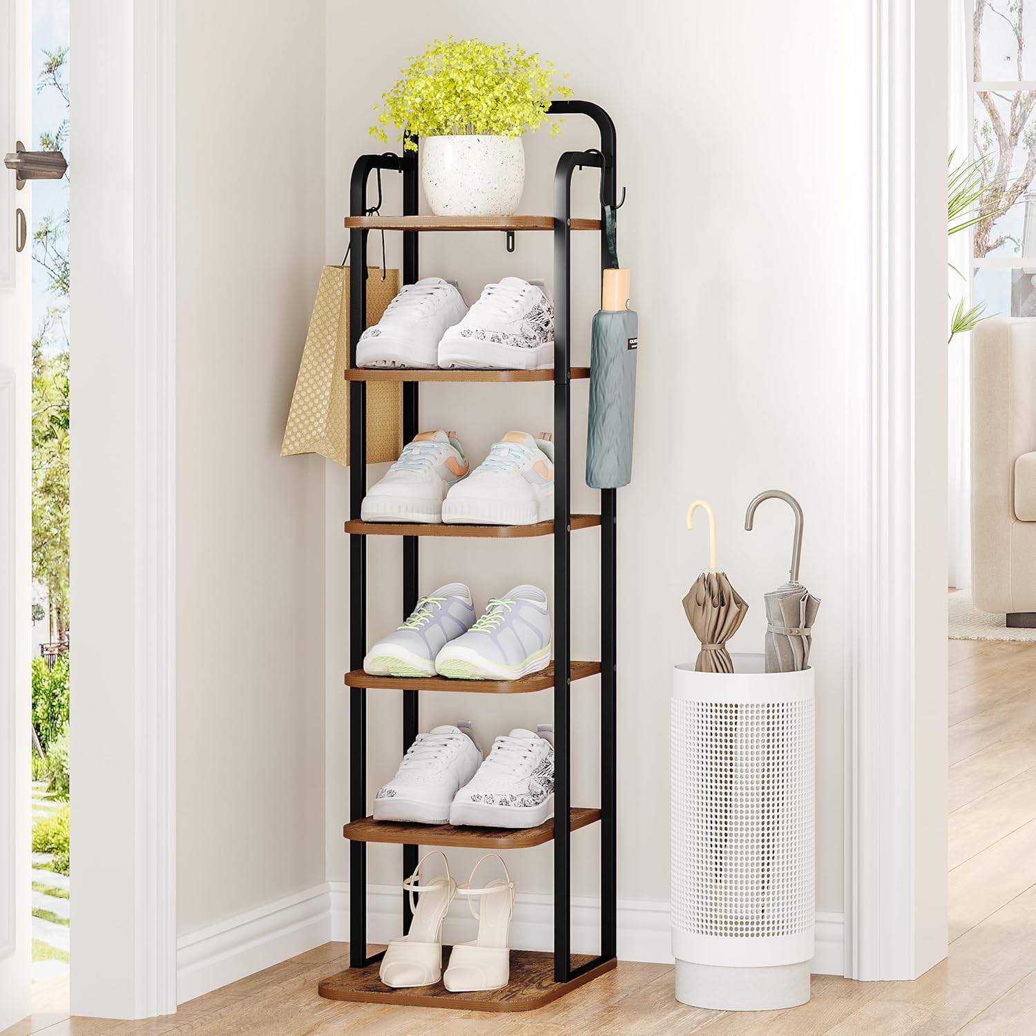 6 Tiers Vertical Shoe Rack for Small Spaces, Rustic Brown