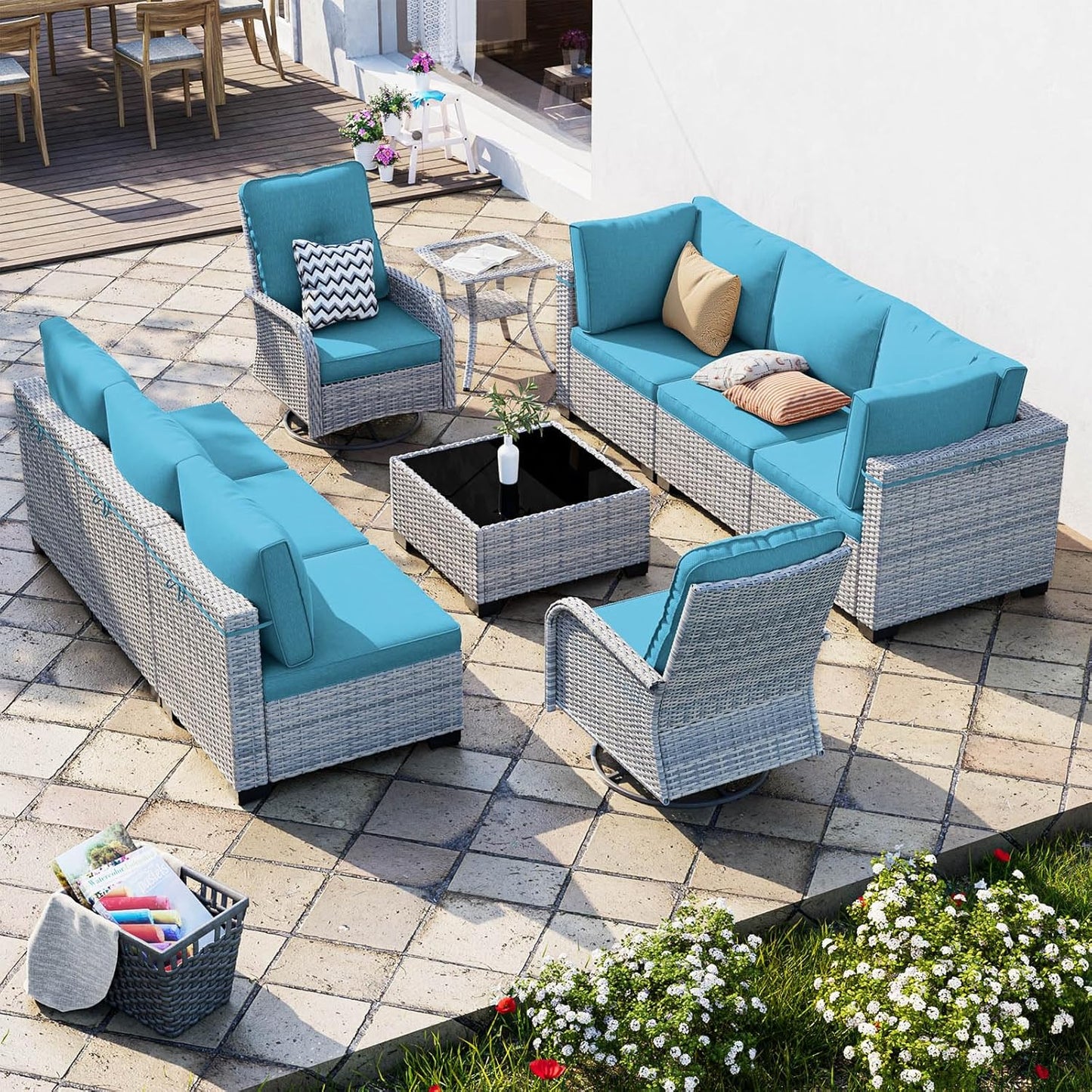 10-Piece Outdoor Patio Furniture Set with Swivel Chairs and Cushions
