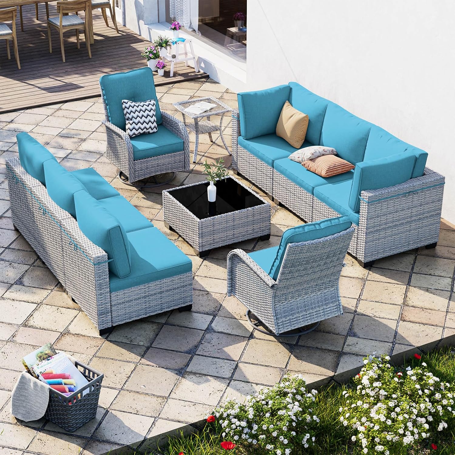 10-Piece Outdoor Patio Furniture Set with Swivel Chairs and Cushions