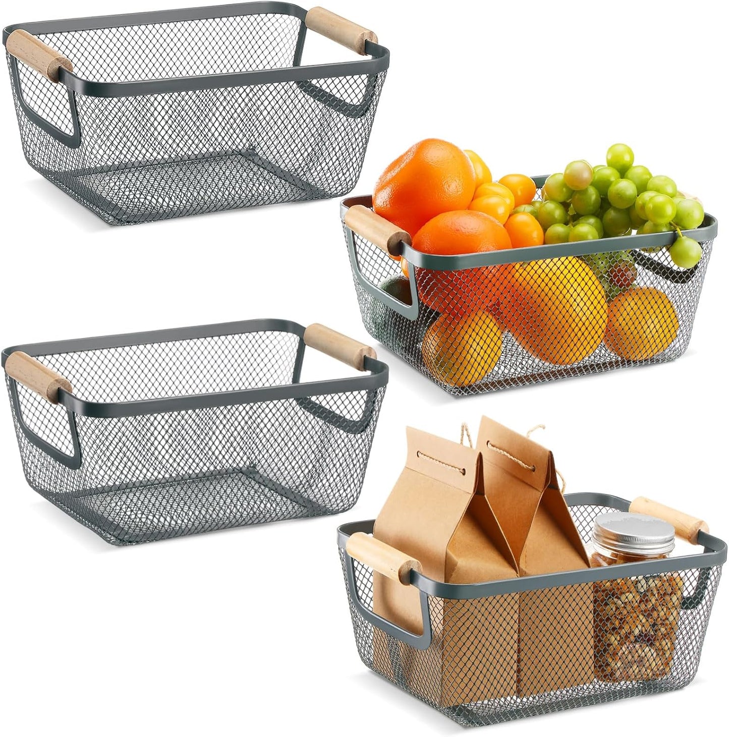 4 Pcs Metal Wire Basket with Wooden Handles for Home Organizing