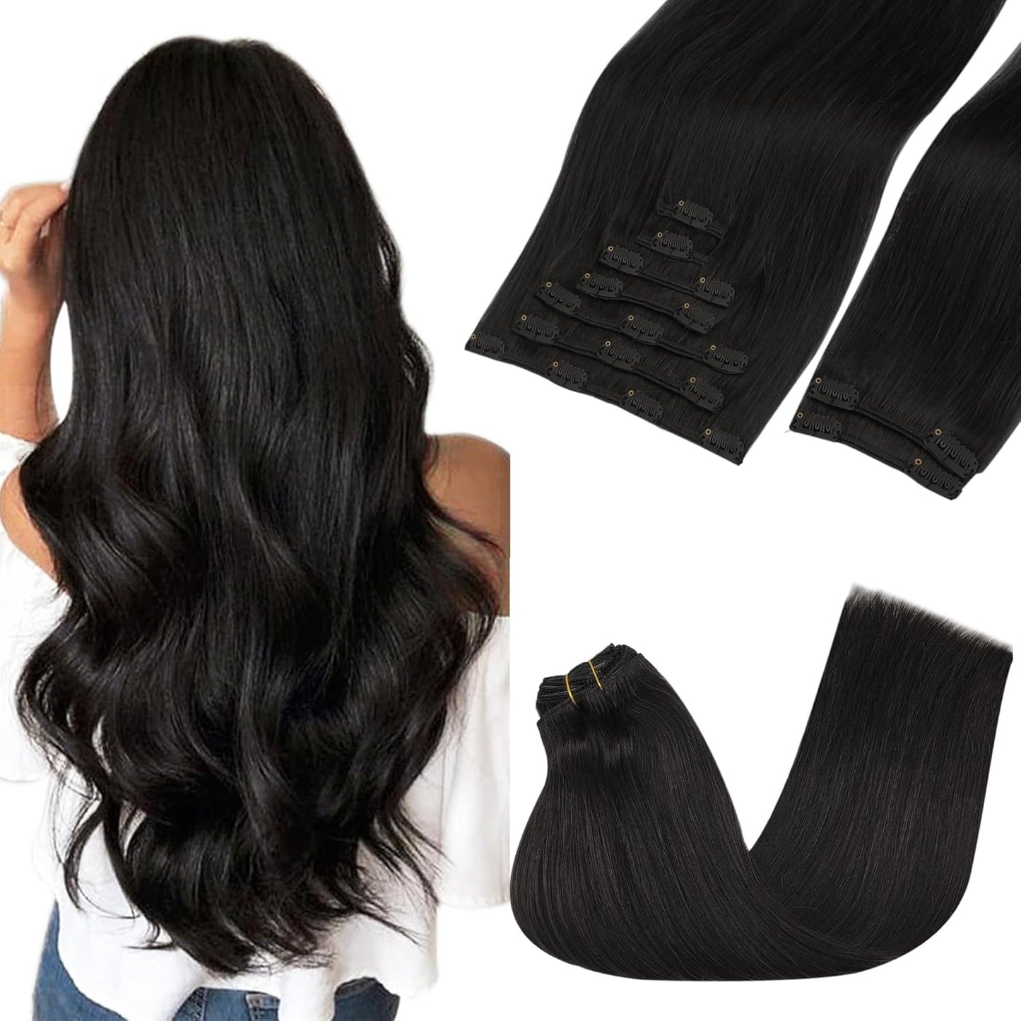 GOO GOO Clip in Hair Extensions for Women, 16in Natural Black