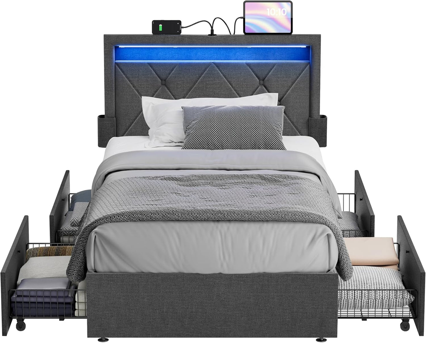 VASAGLE LED Bed Frame Twin Size with Adjustable Headboard