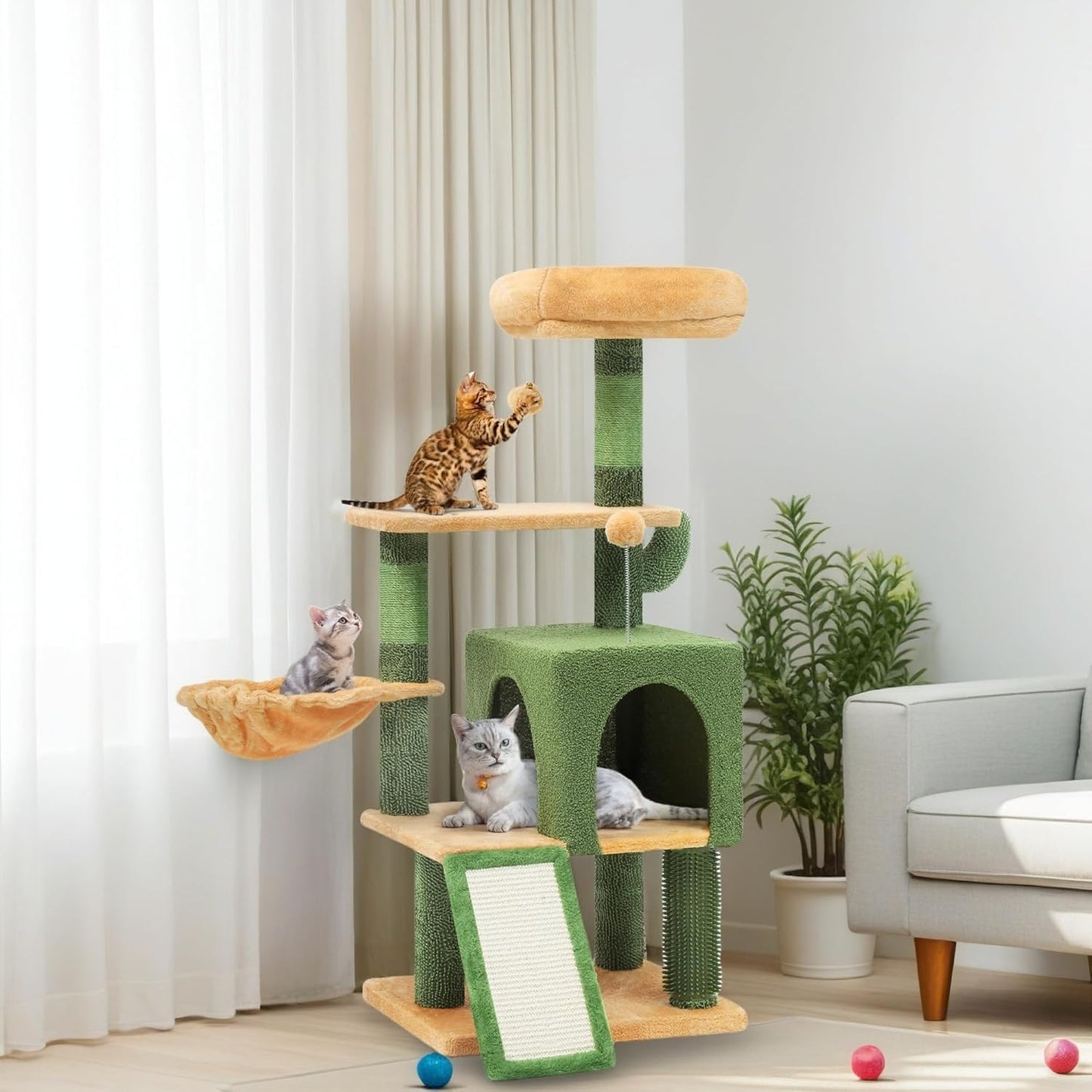 DWVO Cactus Cat Tree: 45in Tall with Self-Grooming Brush
