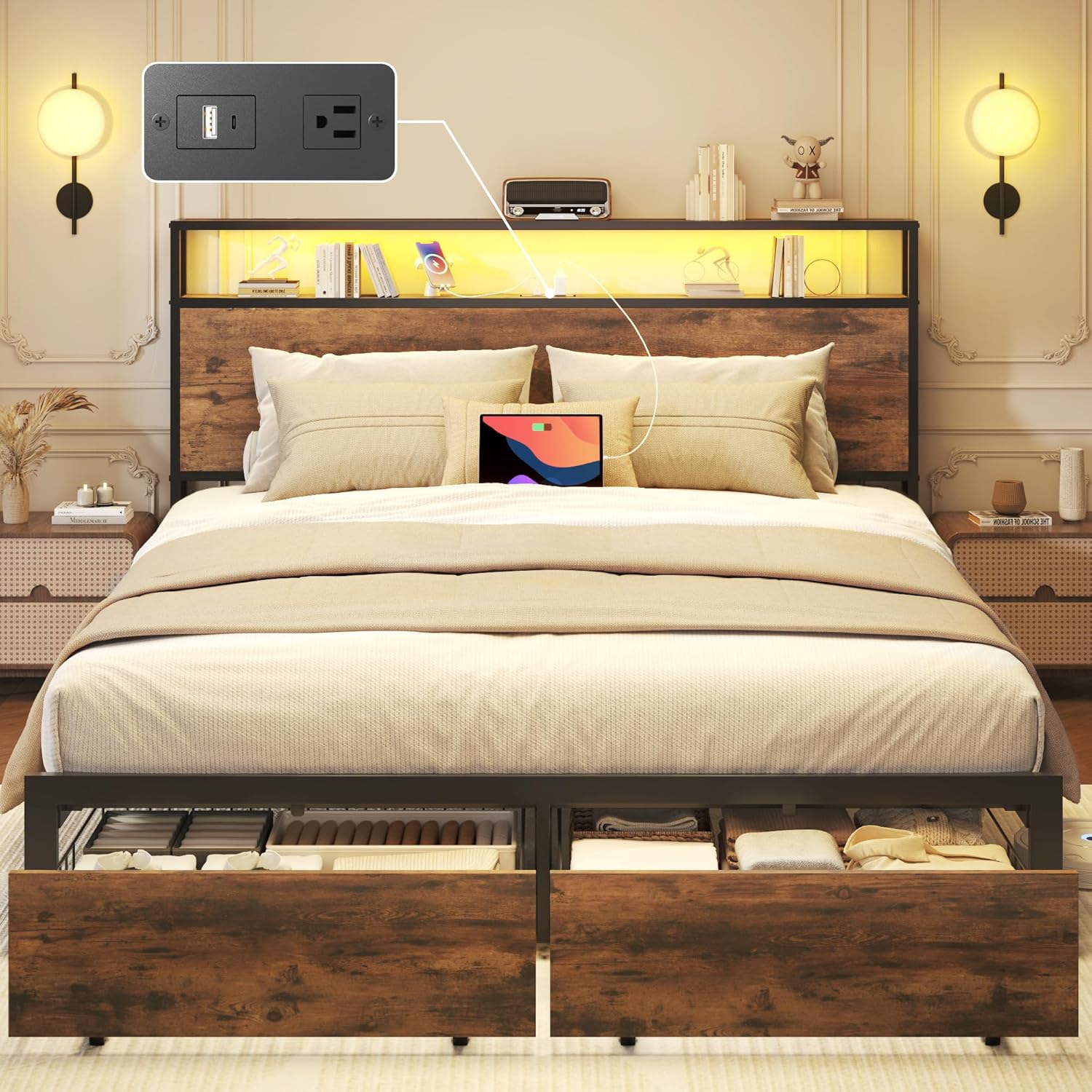 Lifezone Queen Bed Frame with Storage and Charging Station