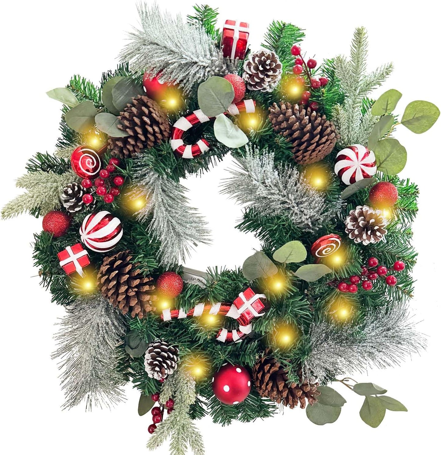 Pre-Lit 24 Inch Christmas Wreath with LED Lights and Ornaments