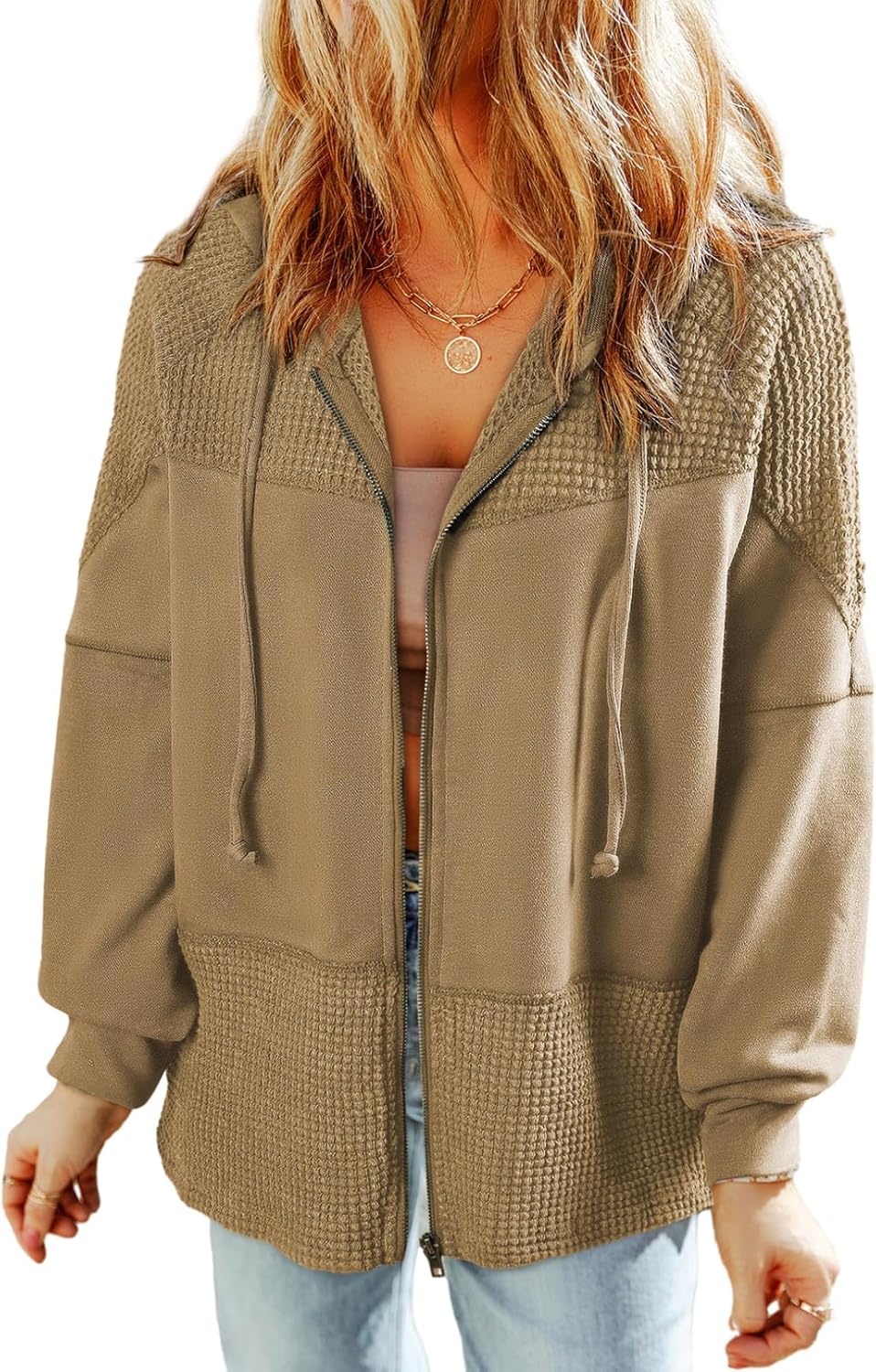 Waffle Knit Hoodies for Women Zip Up Jackets - Casual Fall Style