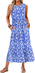 Womens Sleeveless Maxi Dress Crewneck Tiered Sundress - Flowy Comfort