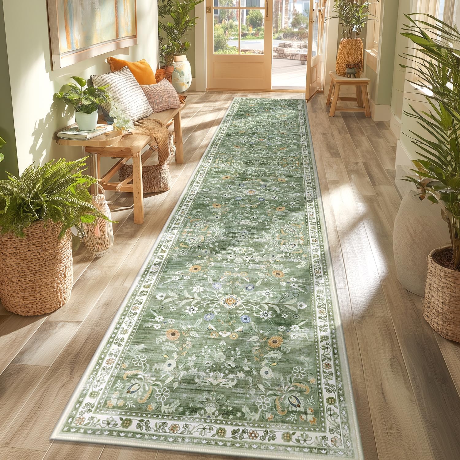 Yamaziot Washable Runner Rug 2x10 Floral Non Slip Boho Style