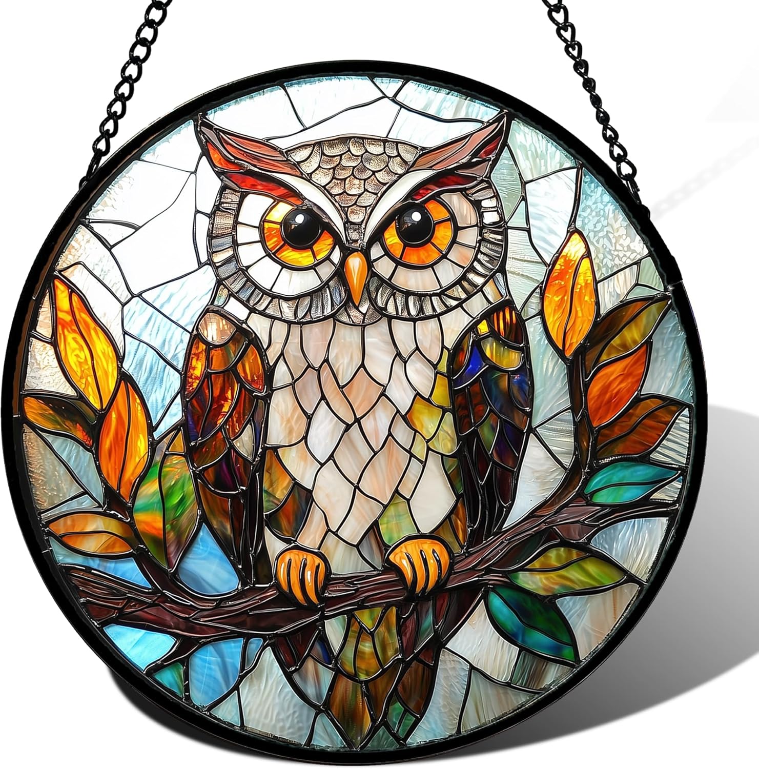 Stained Glass Window Hanging with Colorful Owl and Leaves