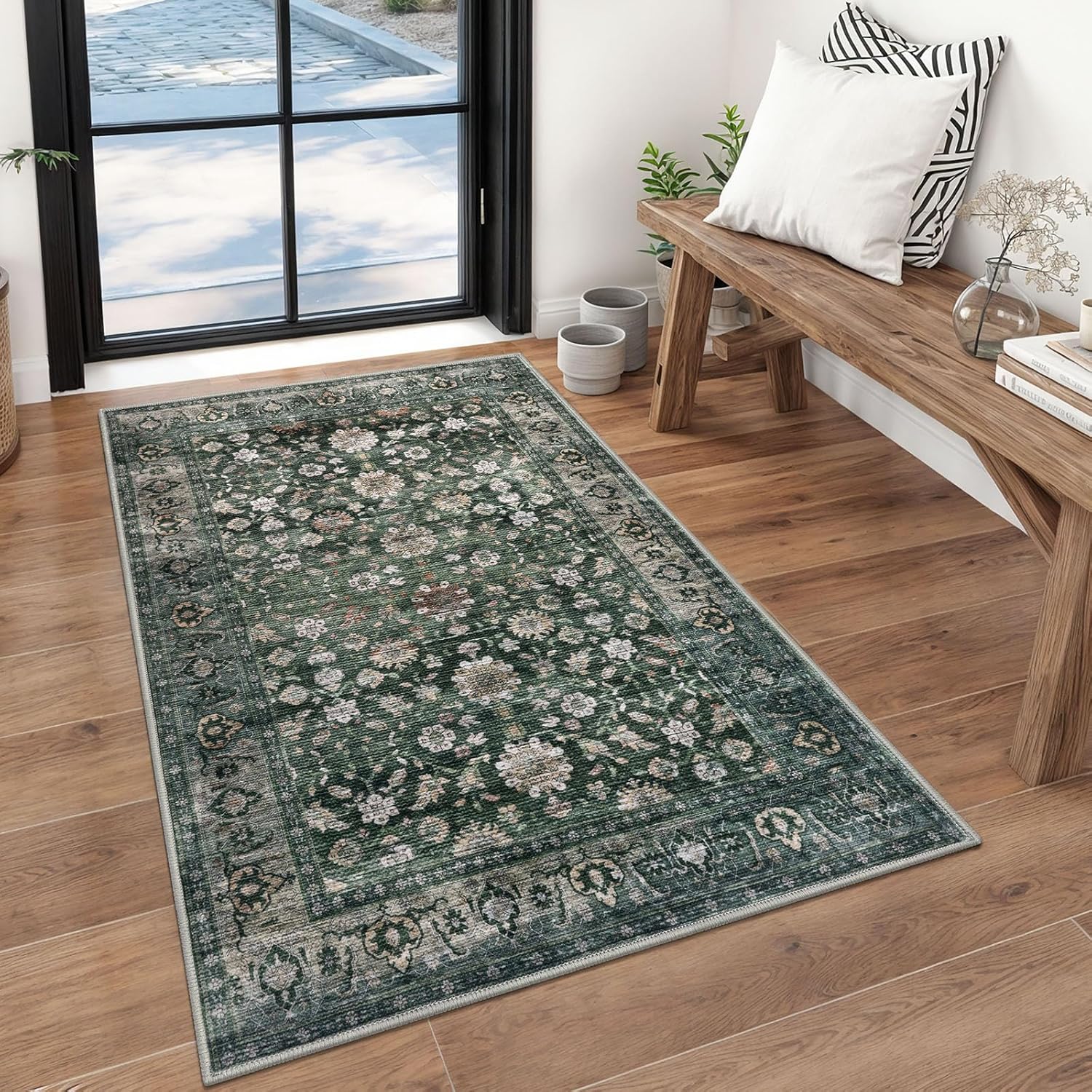 KUTA 3x5 Vintage Floral Dark Green Area Rug for Entryway