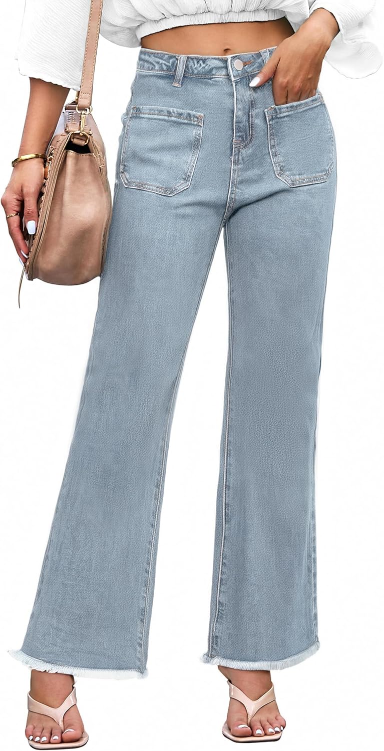 Denim Women Cropped Trousers High Rise Stretchy Pants with Pockets
