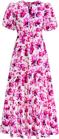 Womens Summer Puff Sleeve Floral Maxi Dress - Tiered Ruffle