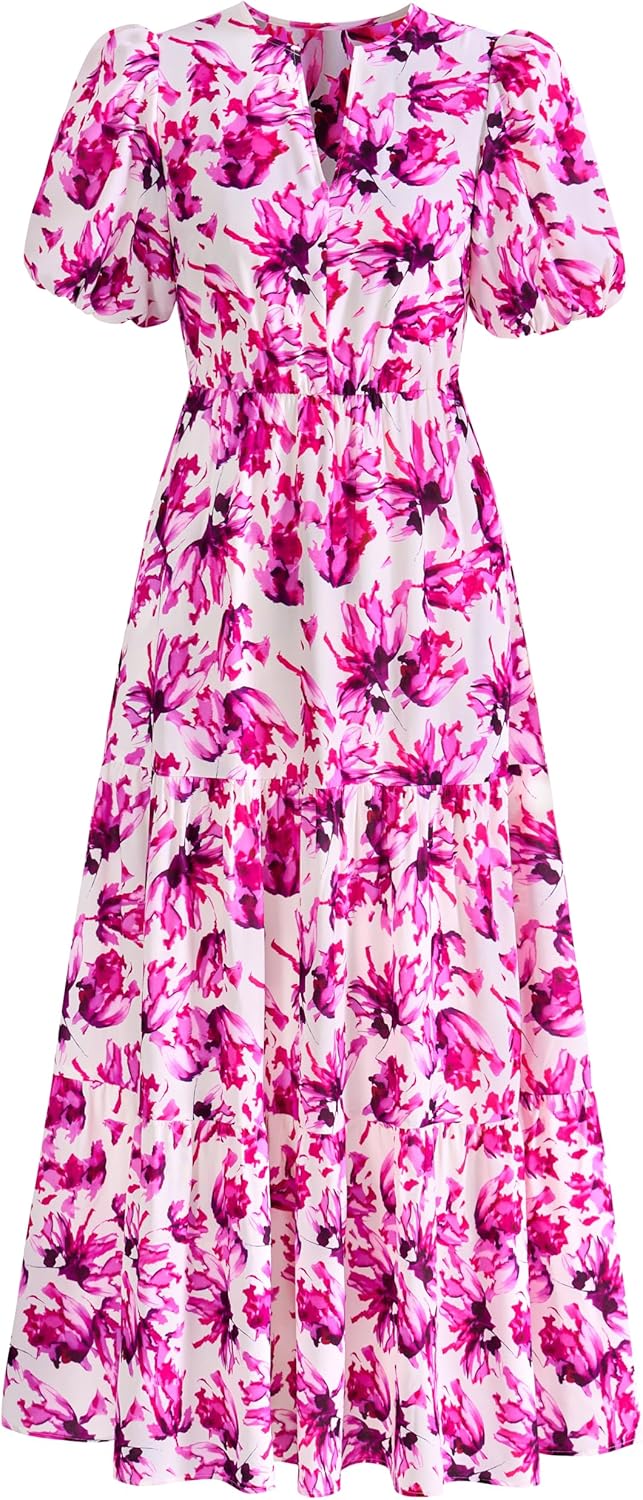 Dowerme Womens Summer Casual Puff Sleeve Floral Maxi Dress