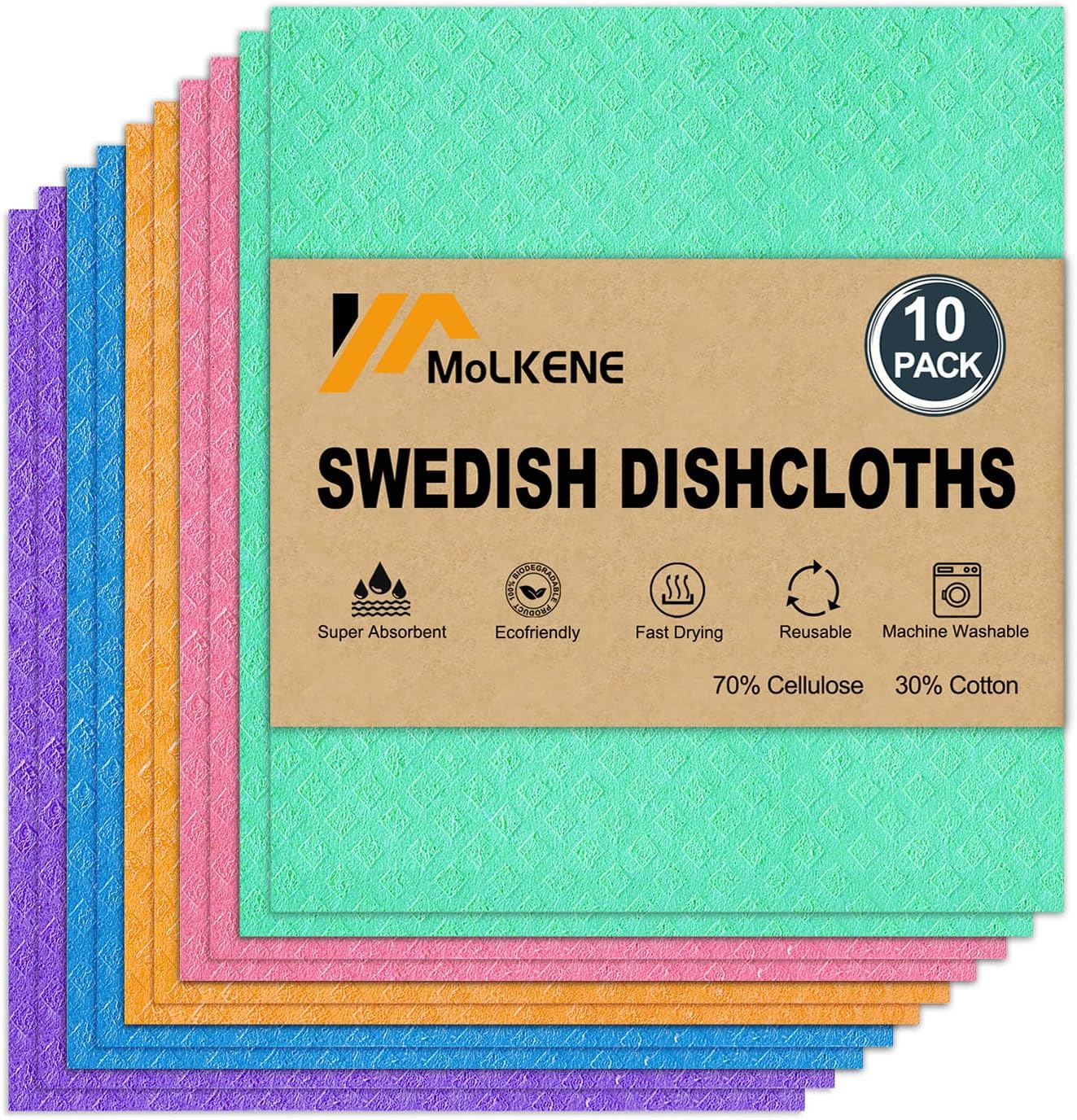 Ultra Absorbent Swedish Dish Cloths - 10 Pack - Reusable Kitchen Towels for Sparkling Dishes