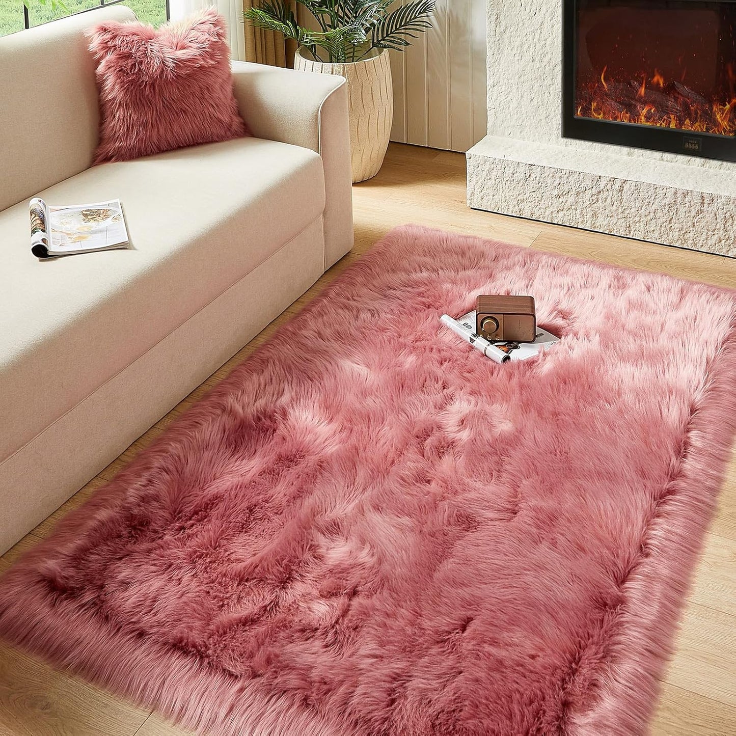 Faux Fur Sheepskin Rug for Living Room - Blush Pink Luxury Decor