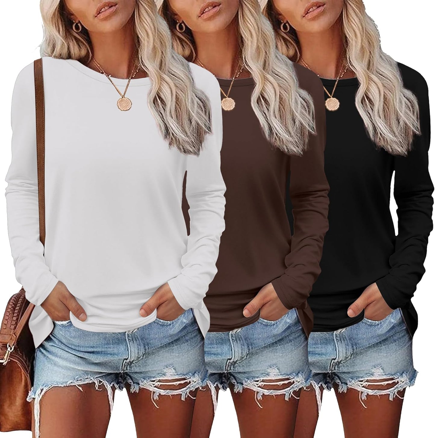 Ekouaer Womens Long Sleeve Shirts 3 Pack Crew Neck Thermal Tops