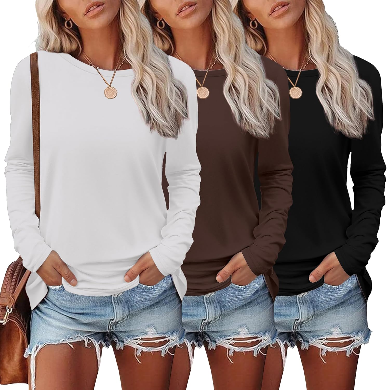 Ekouaer Womens Long Sleeve Shirts 3 Pack Crew Neck Thermal Tops