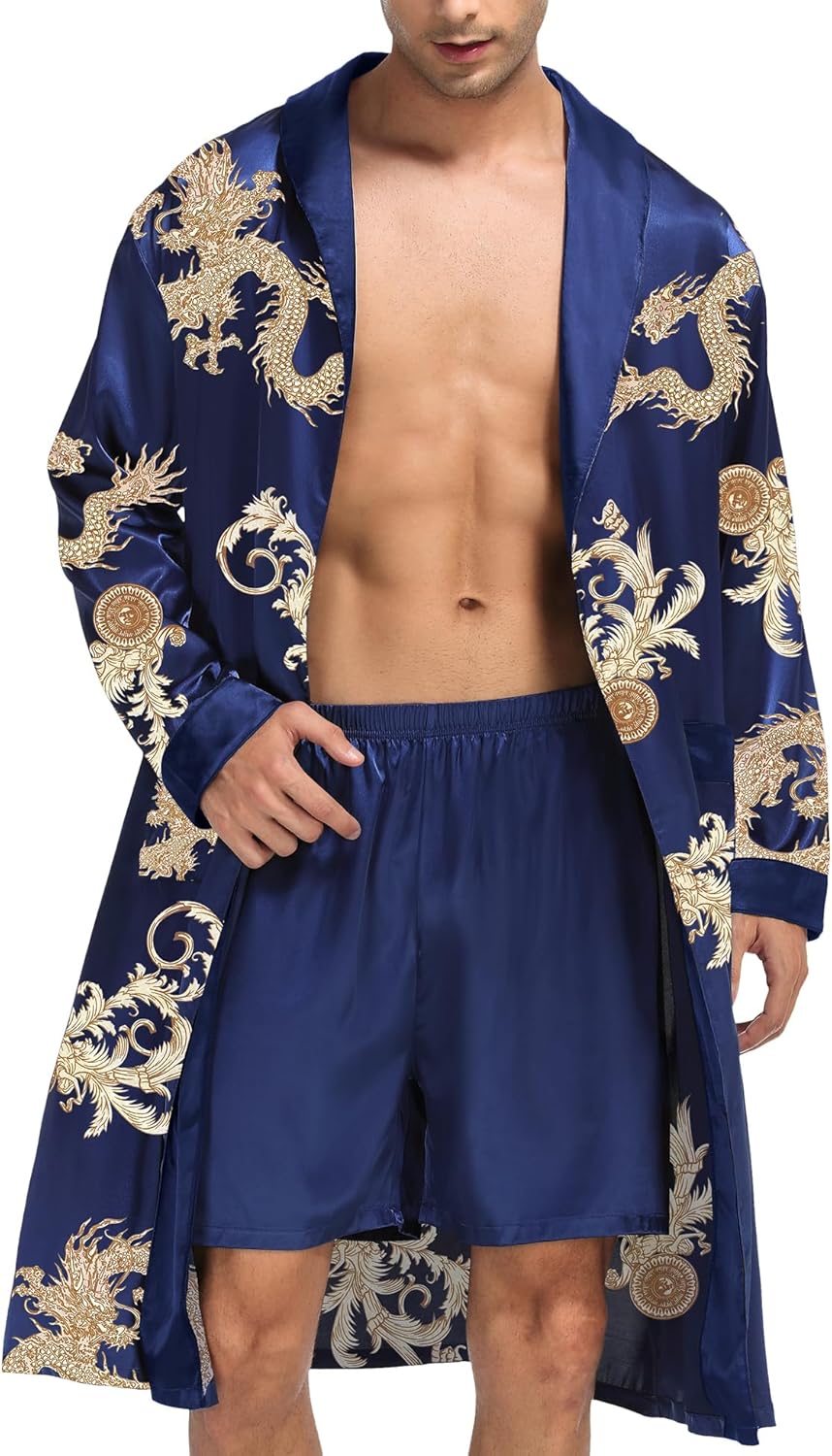 SWOMOG Men's Satin Robe with Shorts Set for Ultimate Comfort