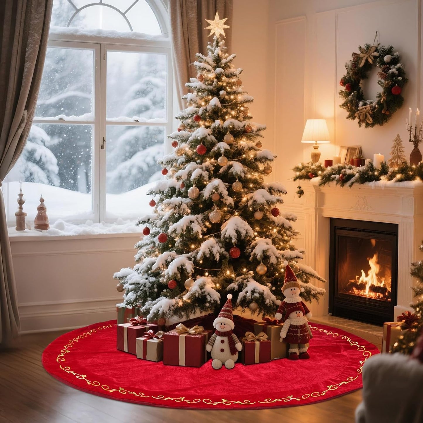 100 Inch Christmas Velvet Tree Skirt with Gold Embroidery