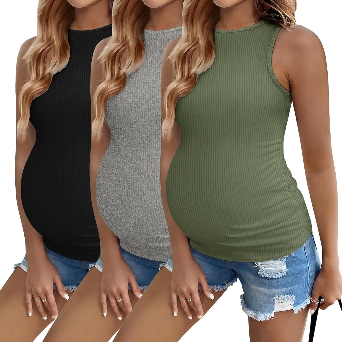 Ekouaer Maternity Tank Tops 3 Pack for Comfortable Pregnancy Wear