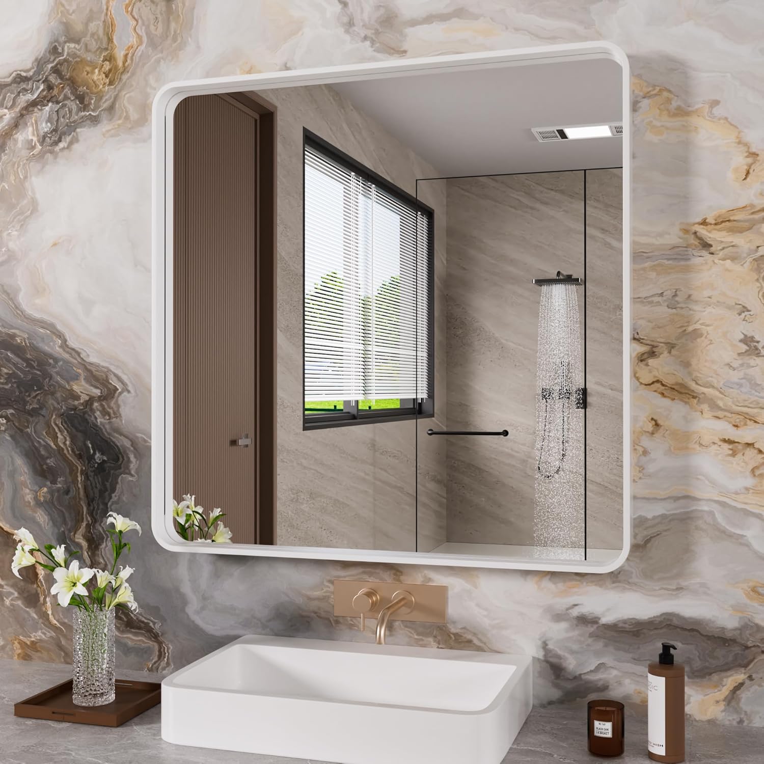 White Bathroom Mirror 36x36 Inch with Durable Metal Frame