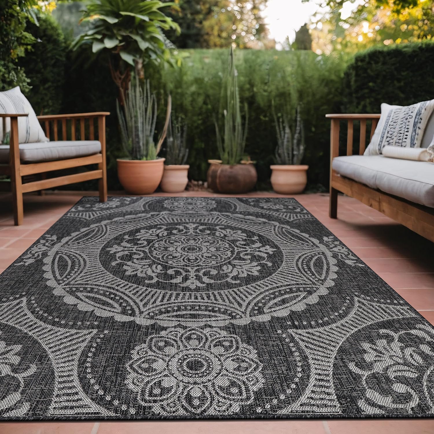 Medallion Outdoor Rug 6x9 Washable Carpet for Indoor Patio
