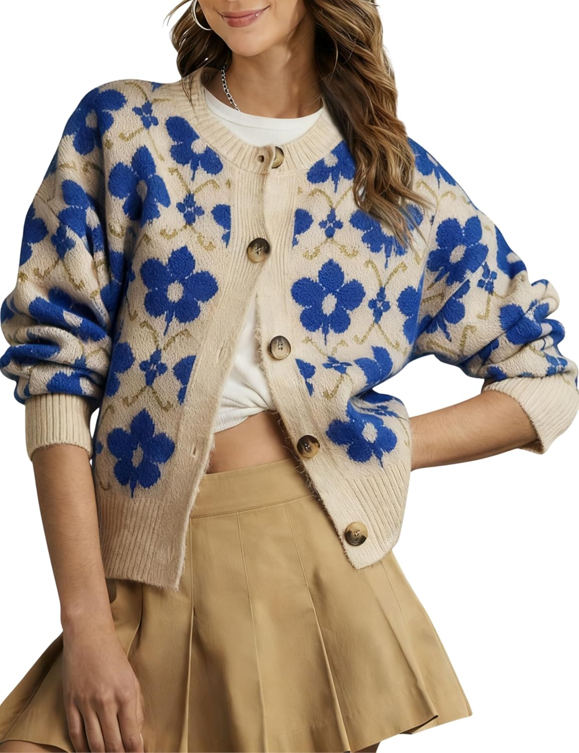 Floral Cardigan Sweater for Women - Vintage Open Front Knit