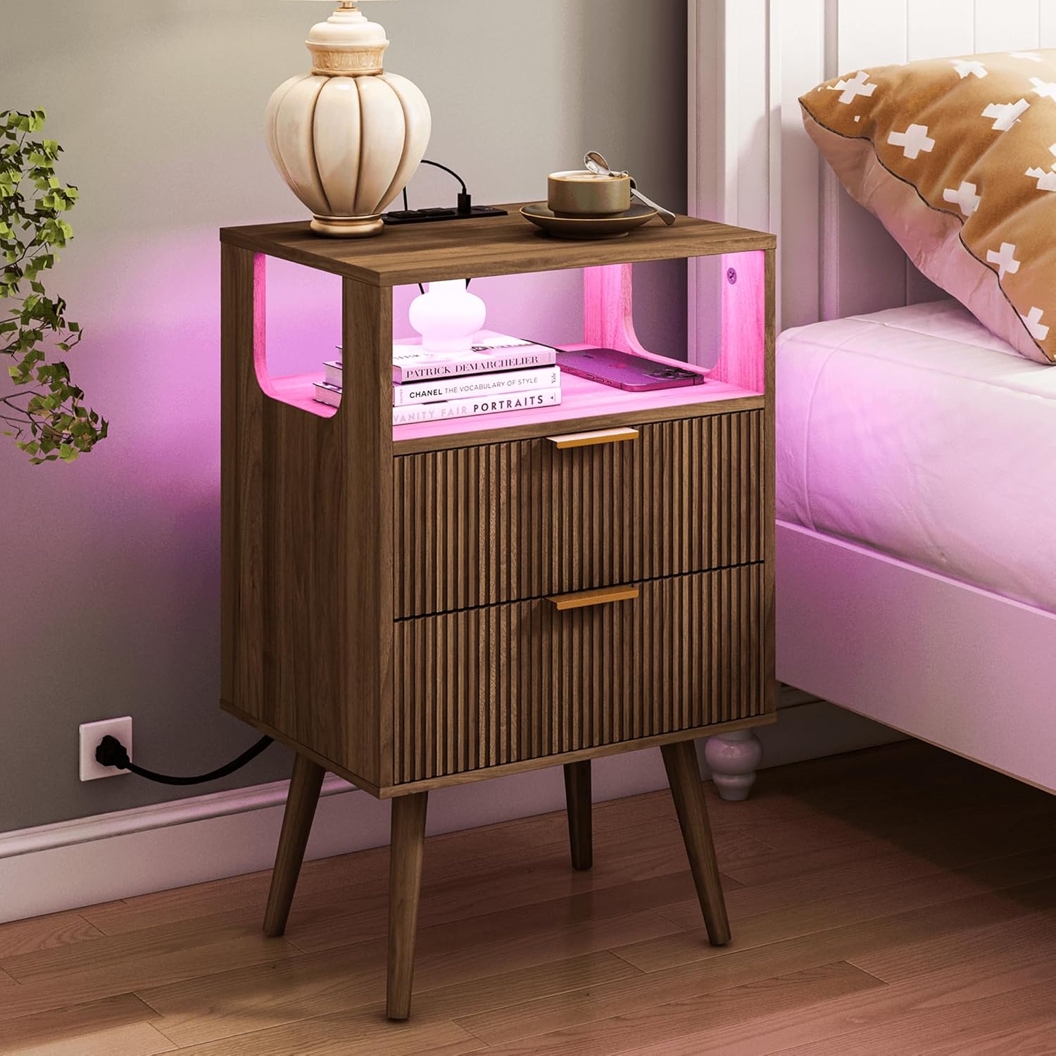 Modern Nightstand with Charging Station and LED Lights for Bedroom