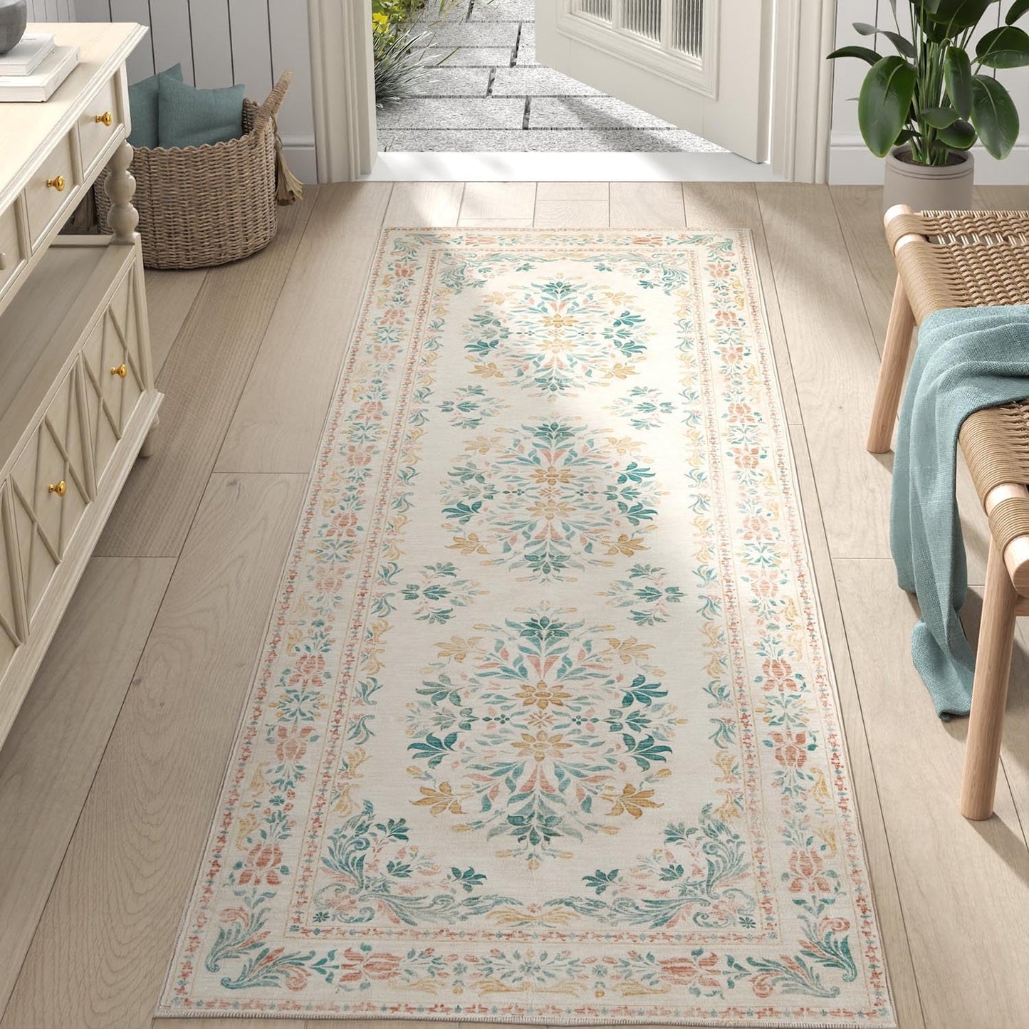 Vintage Floral Distressed Design Hallway Runner Rug 2x8 ft