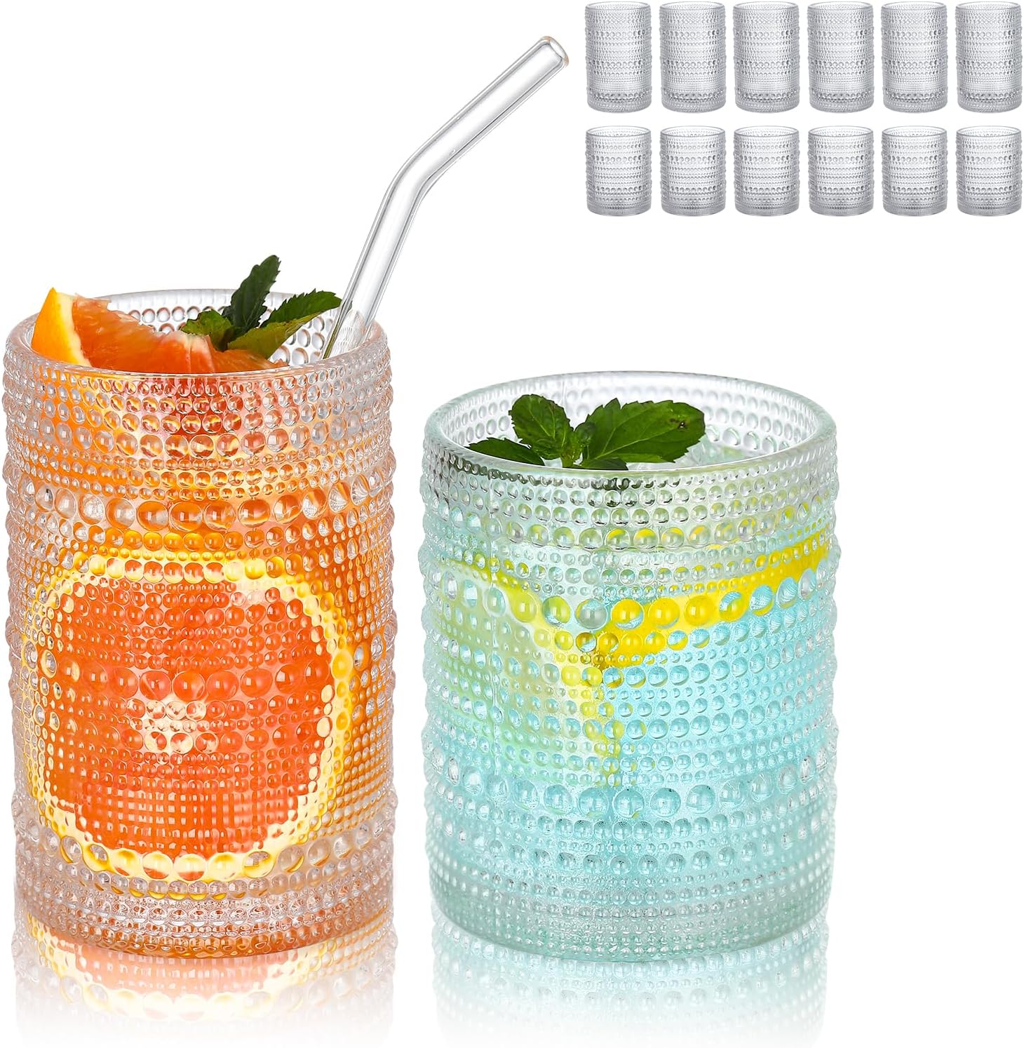 Hobnail Drinking Glasses Set of 12 for Vintage Style Drinks