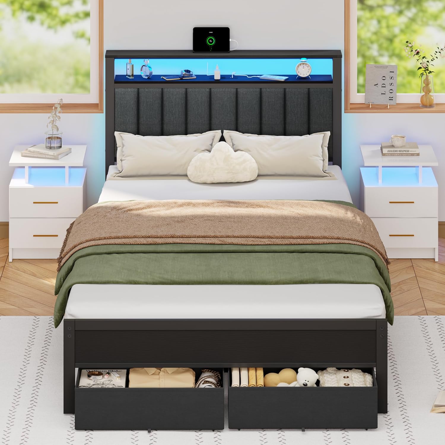 Furnulem Full Size Bed Frame with LED Lights and Storage Drawers