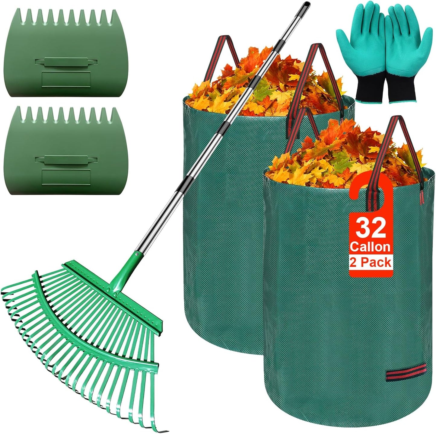 Adjustable Metal Leaf Rake Set with 32-Gallon Leaf Bags