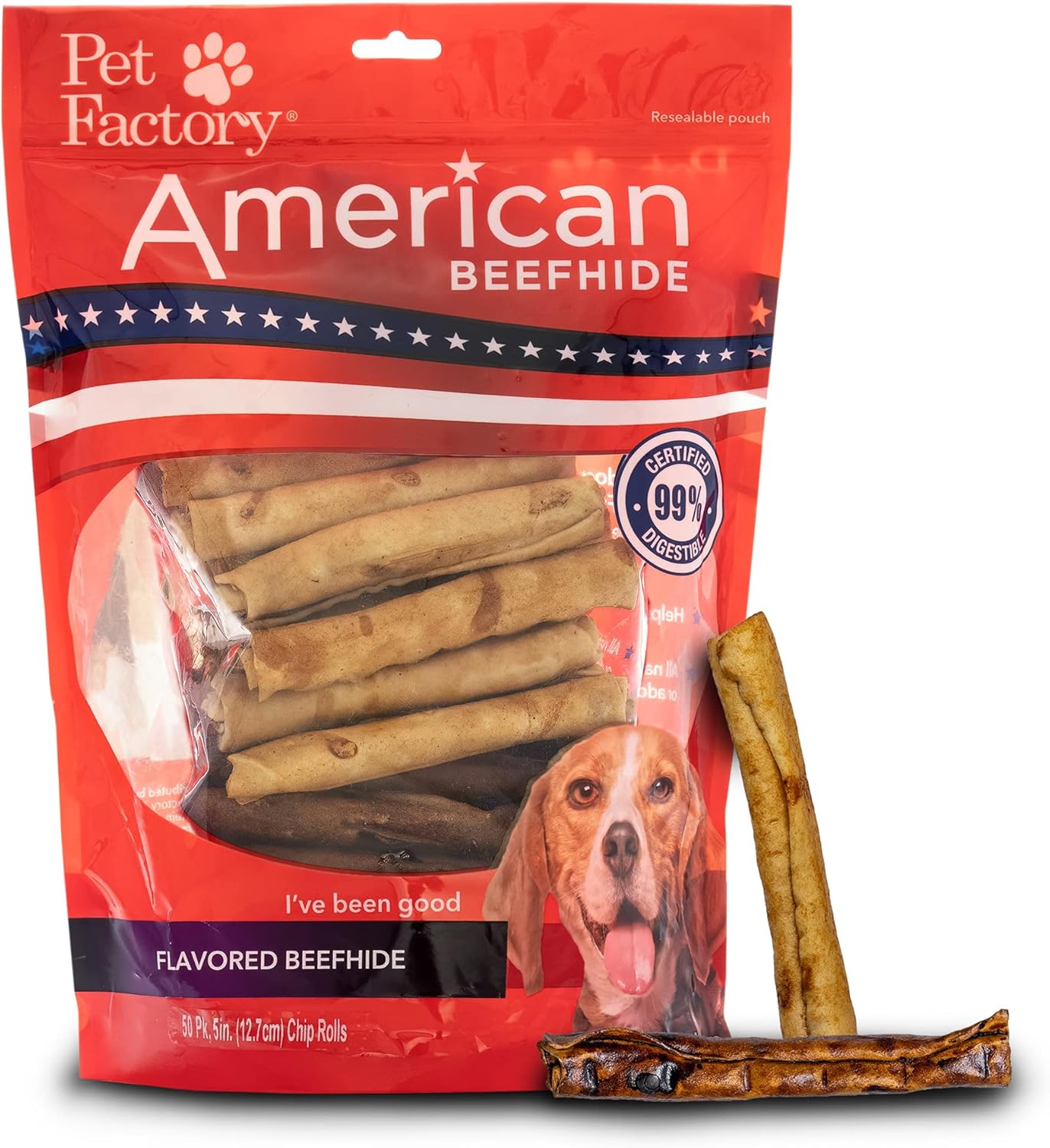 Pet Factory American Beefhide 5in Chip Rolls for Dogs 50 Count