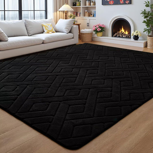 6x9 Black Washable Area Rug - Modern Geometric Shag Design