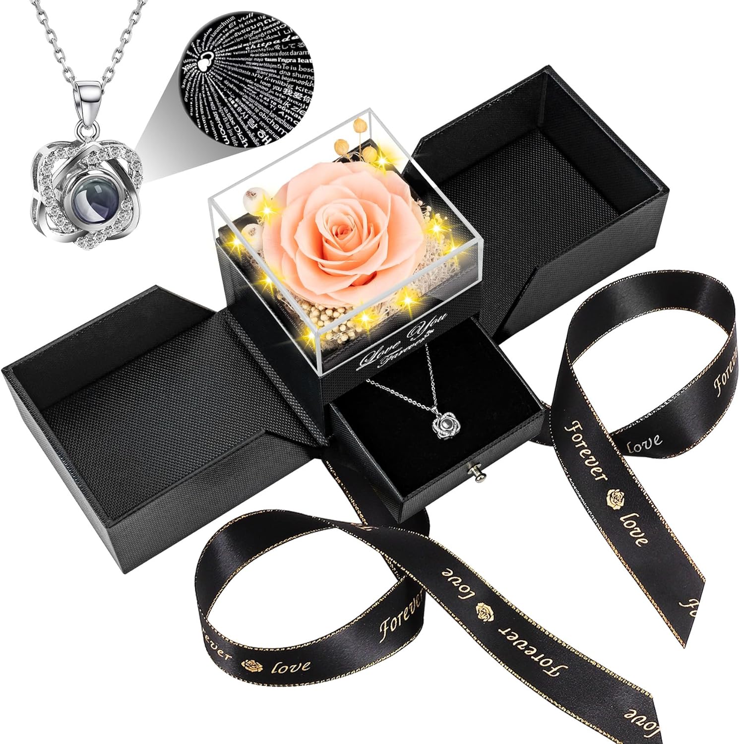 Preserved Red Champagne Real Rose with Heart Necklace Gift