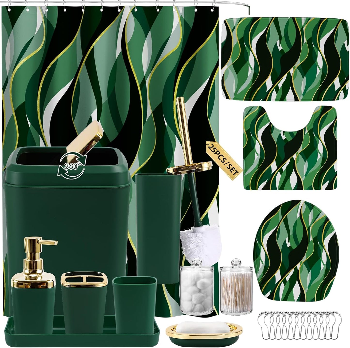 Dark Green Bathroom Accessories Set with Shower Curtain and Rugs