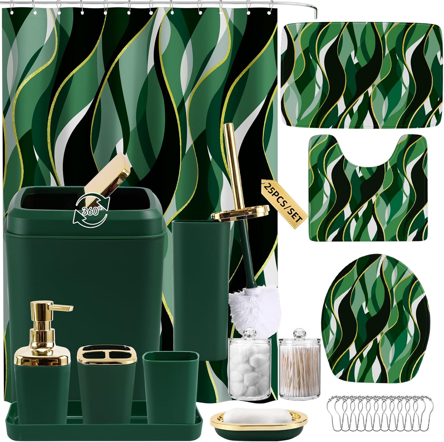 Dark Green Bathroom Accessories Set with Shower Curtain and Rugs