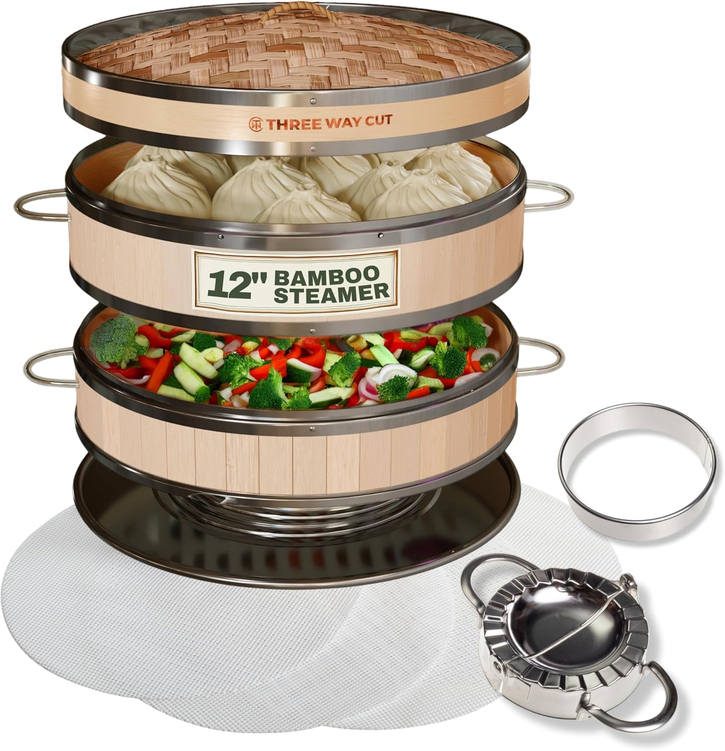 2-Tier Bamboo Steamer for Dumplings, Buns, and Dim Sum