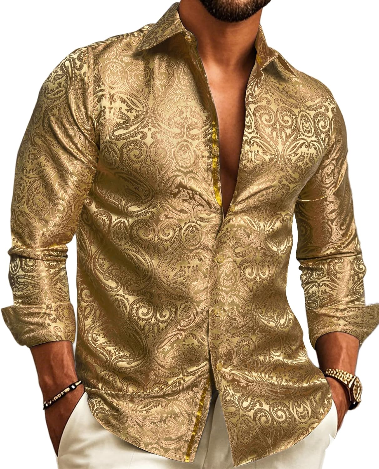 Stylish Mens Casual Long Sleeve Silk Button Up Dress Shirt
