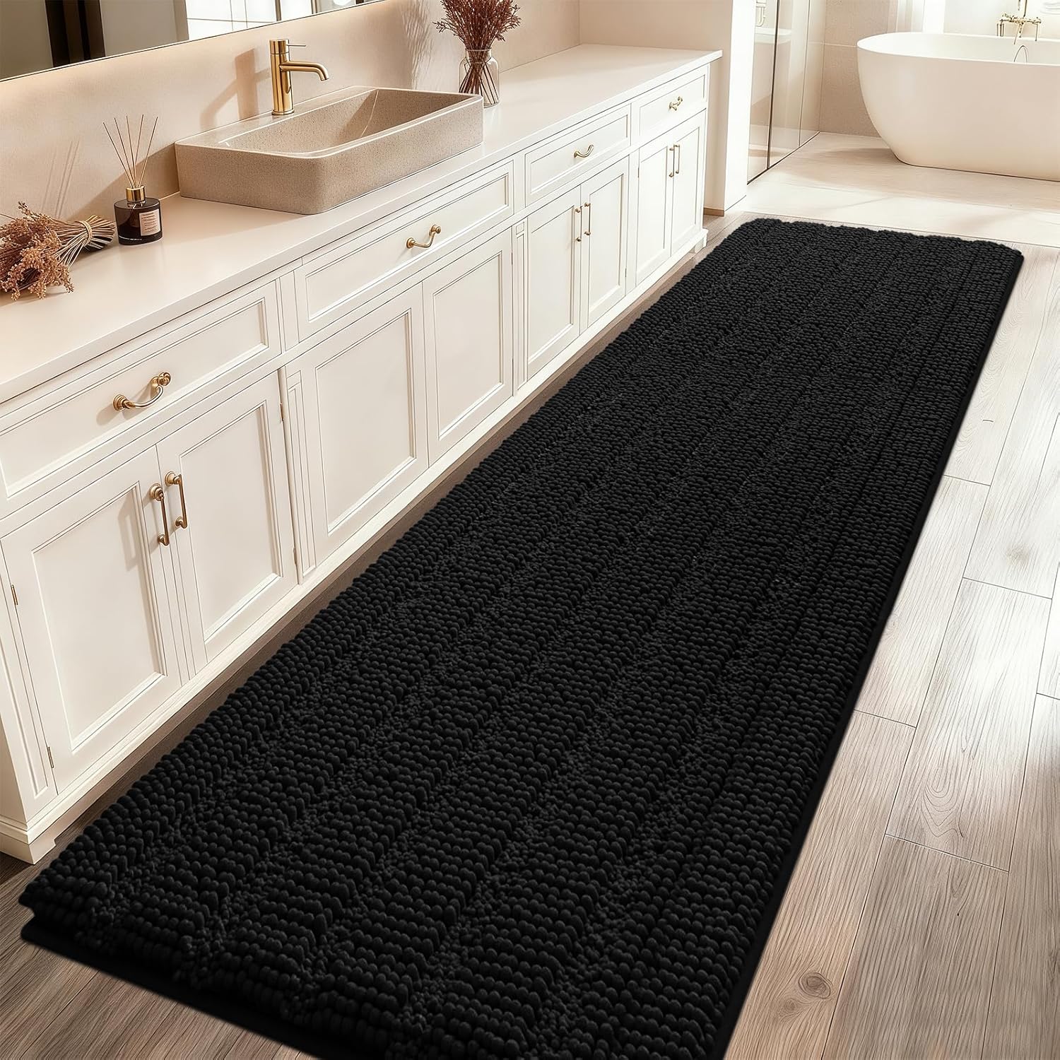 Ultra Soft Striped Black Bathroom Rug Mat 59in x 20in Non Slip