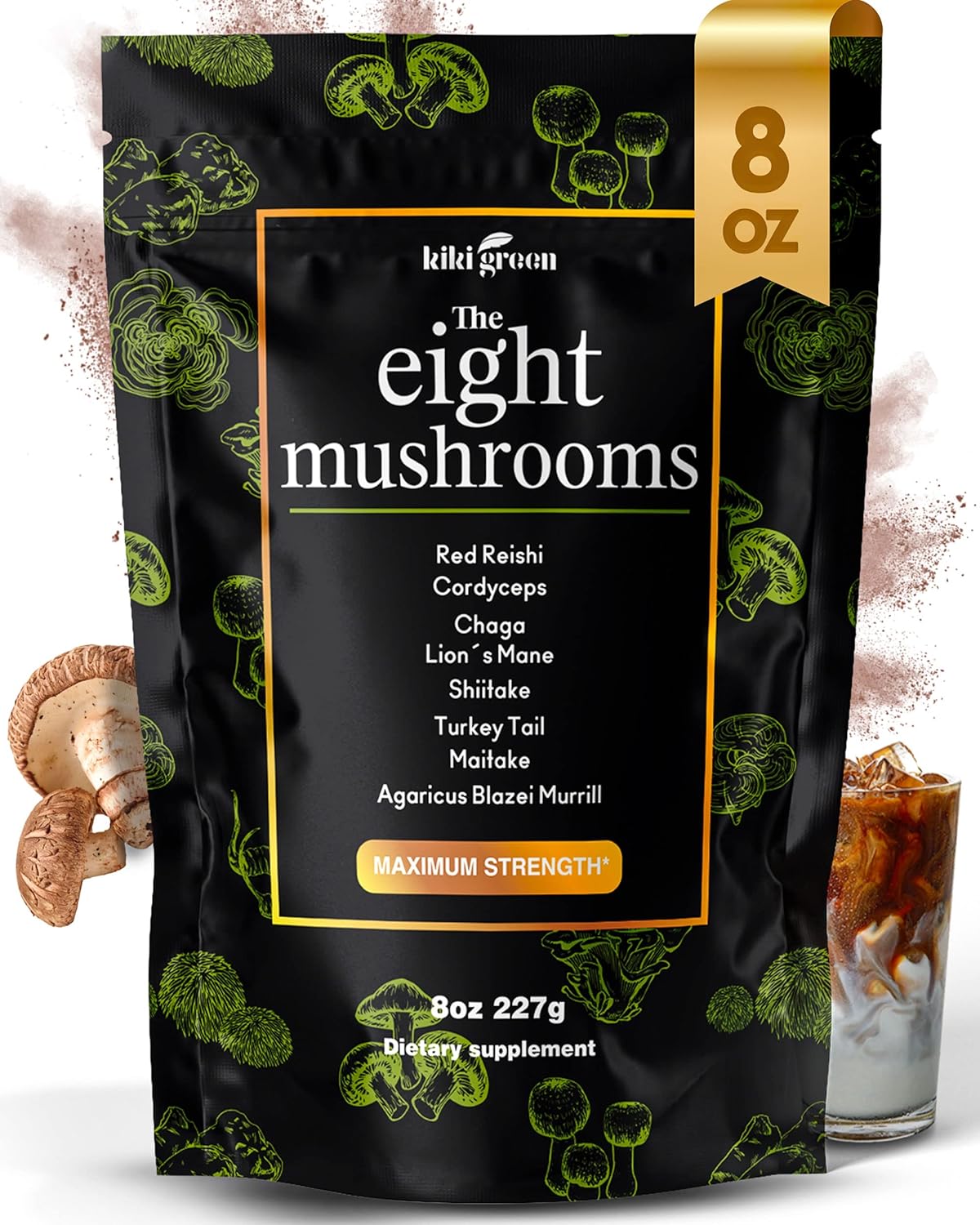KIKI Green 8 Mushrooms Powder Extract for Focus and Energy