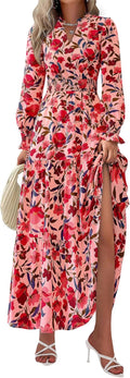 PRETTYGARDEN Floral Maxi Dress 2025 Fall Long Sleeve V Neck - Flowy
