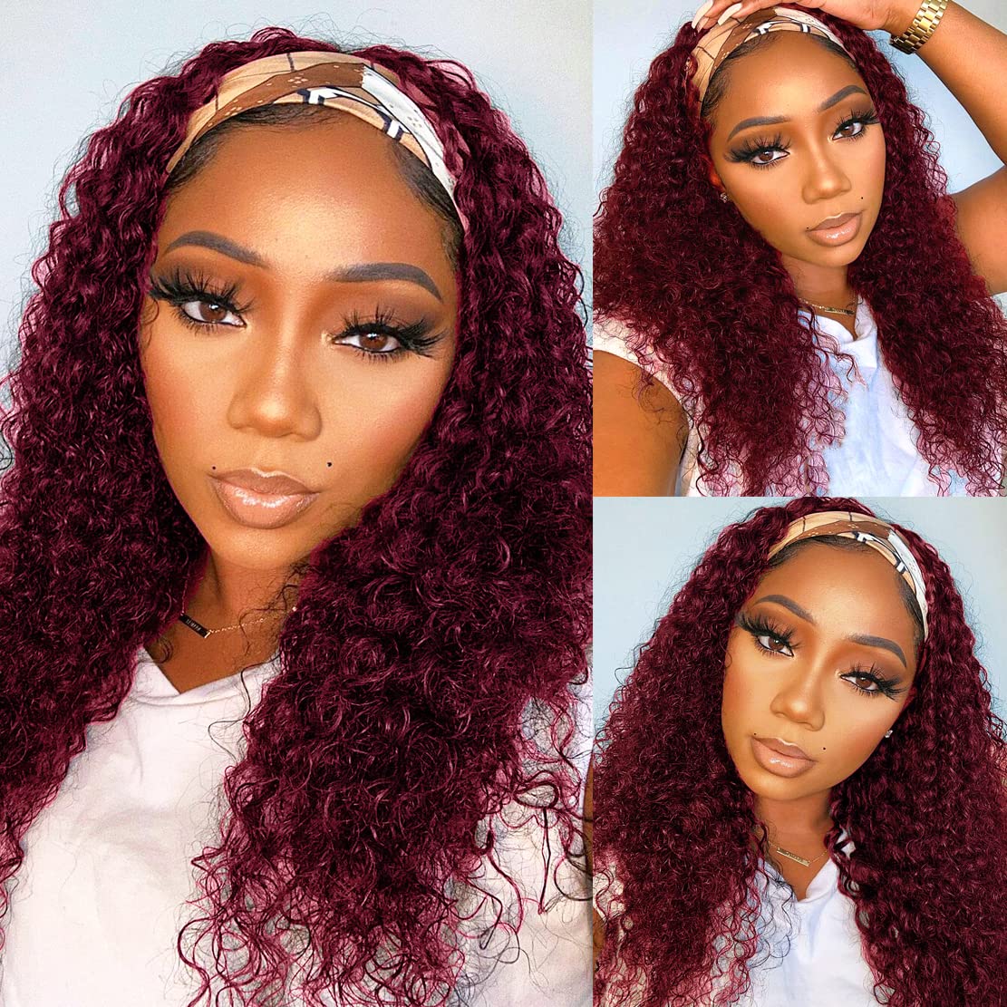 Red Burgundy Headband Wigs Human Hair Deep Wave for Women