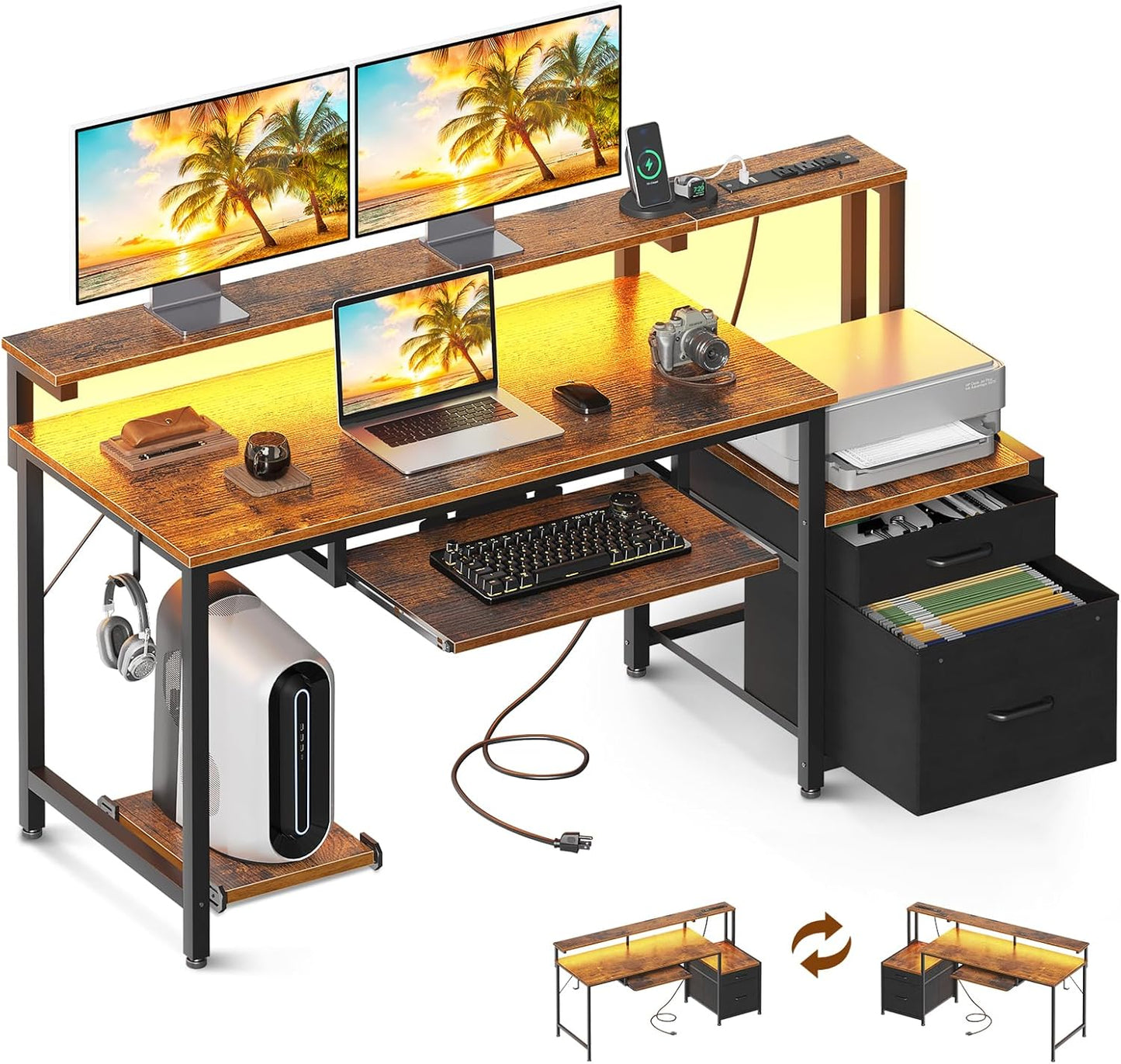 Vintage Reversible Desk with Power Outlet & LED Light
