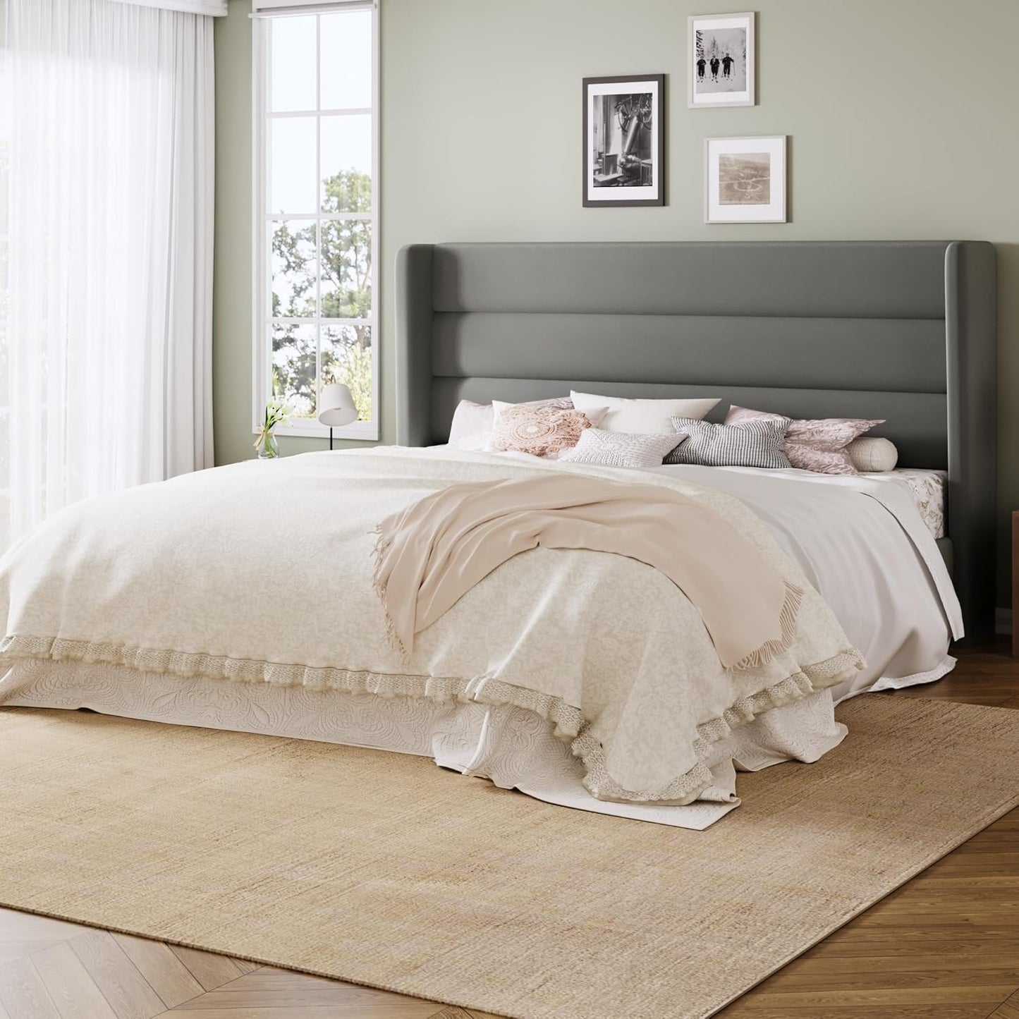 Allewie Queen Size Platform Bed Frame with Velvet Headboard