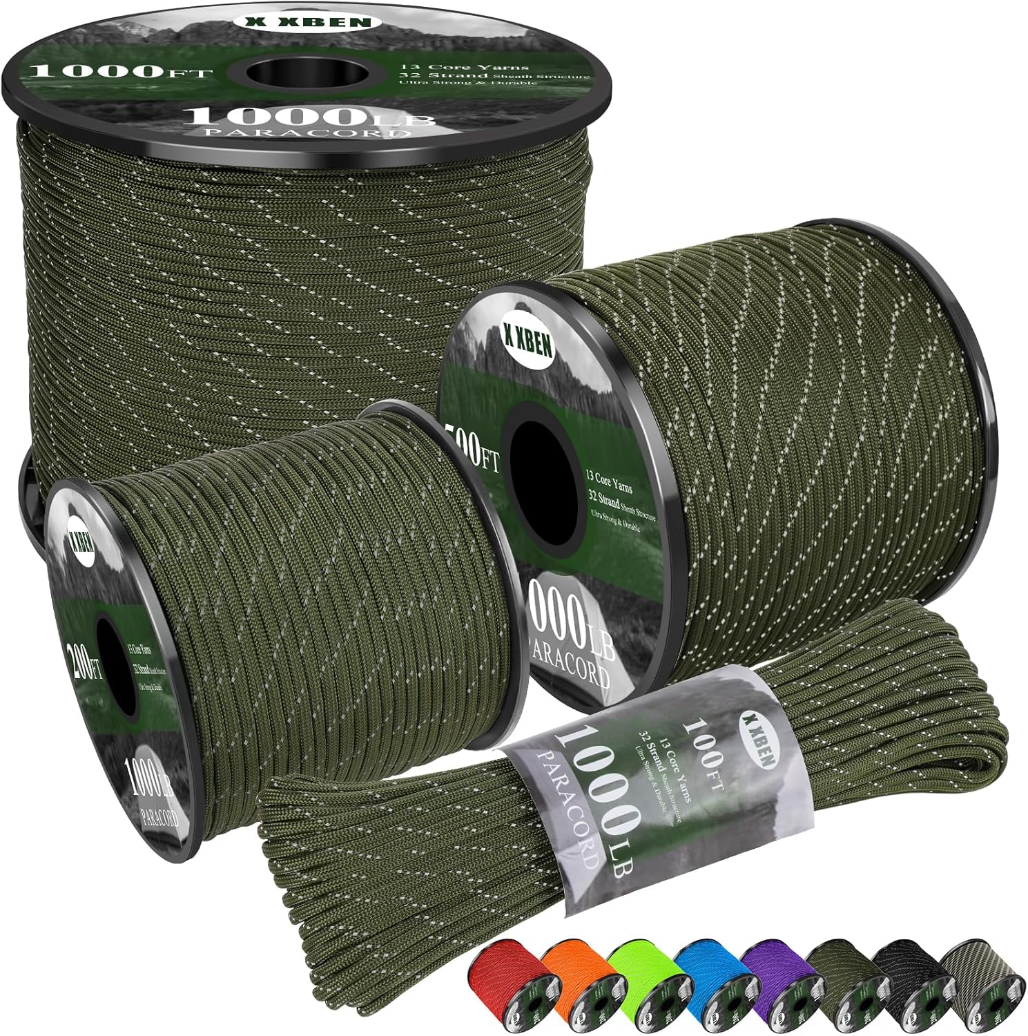 X XBEN Paracord Reflective 1000lb for Camping and Survival Use