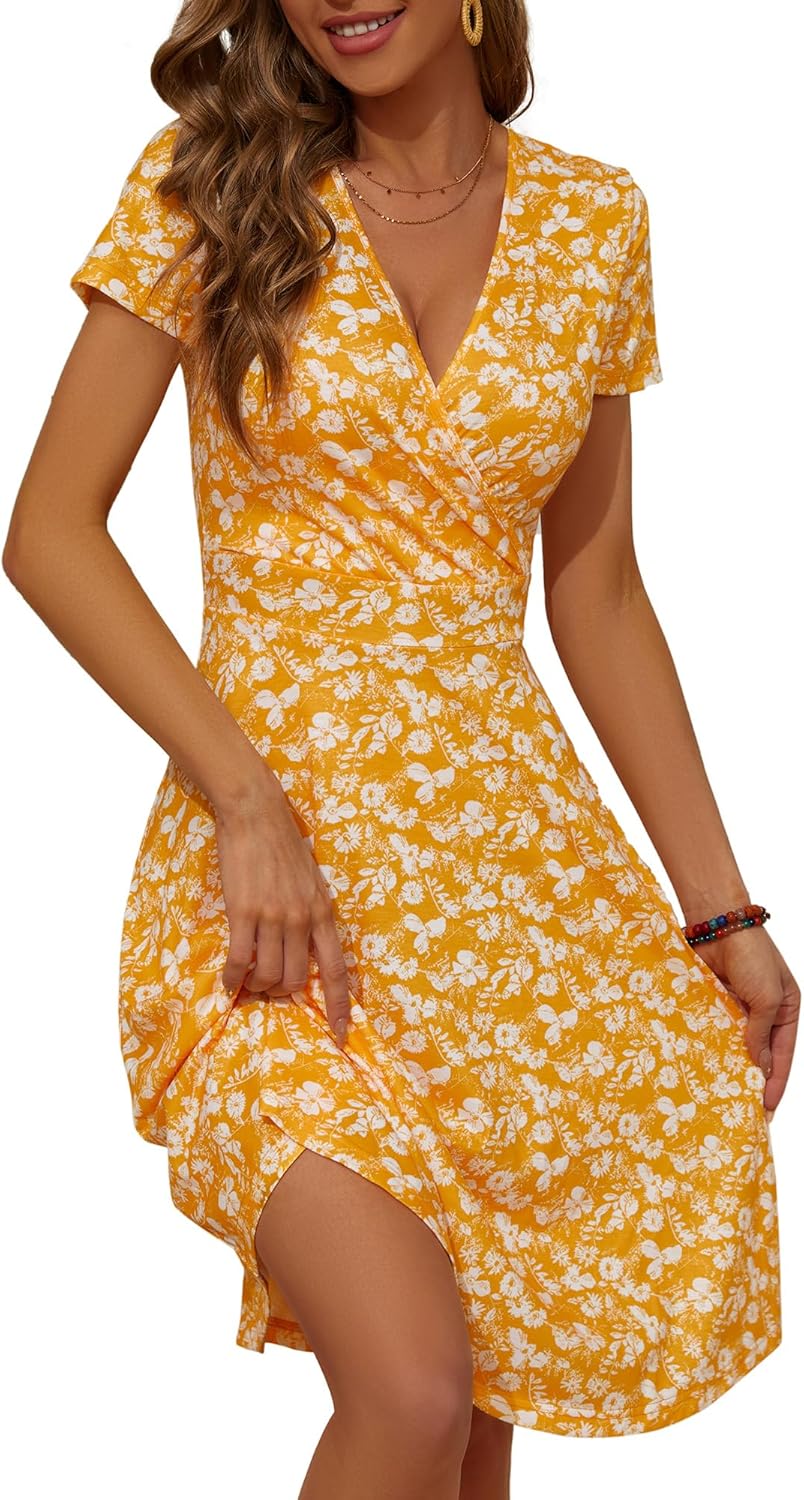 MSBASIC Womens Summer Wrap V Neck Casual Floral Midi Dress