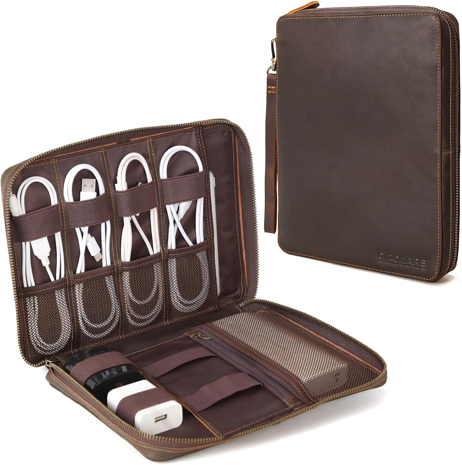 Polare Full Grain Leather Travel Cable Organizer for Electronics